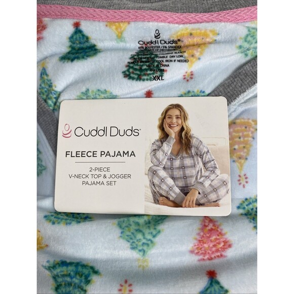 Cuddl Duds Fleece Pajama Set Women's Size 2XL V Neck Chirstmas Tree Multicolor - Picture 2 of 6
